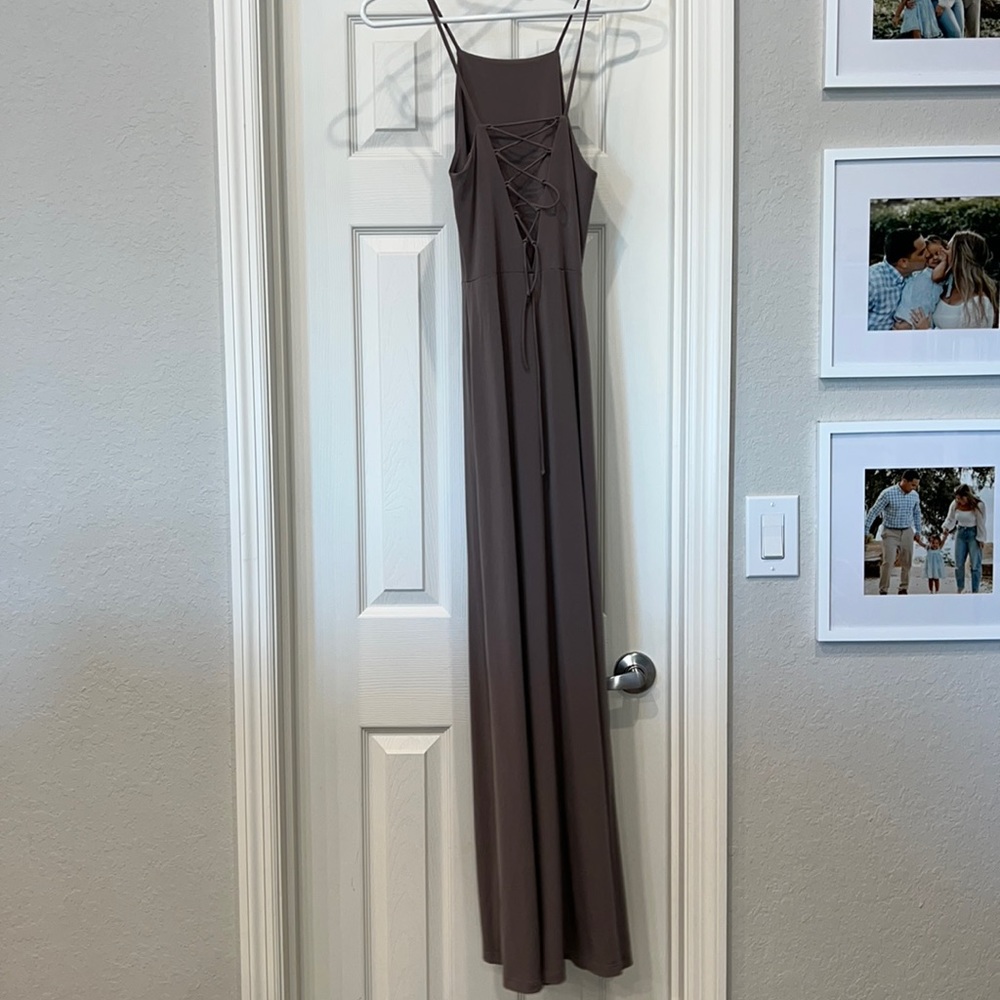 Long gray tie back maxi dress